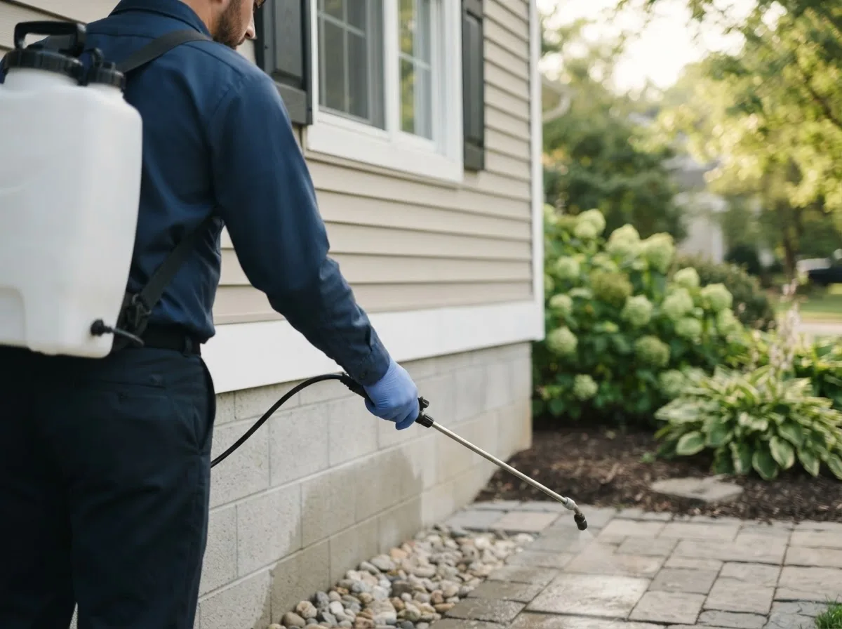 Pest control technician inspecting a home in Branchdale, PA
